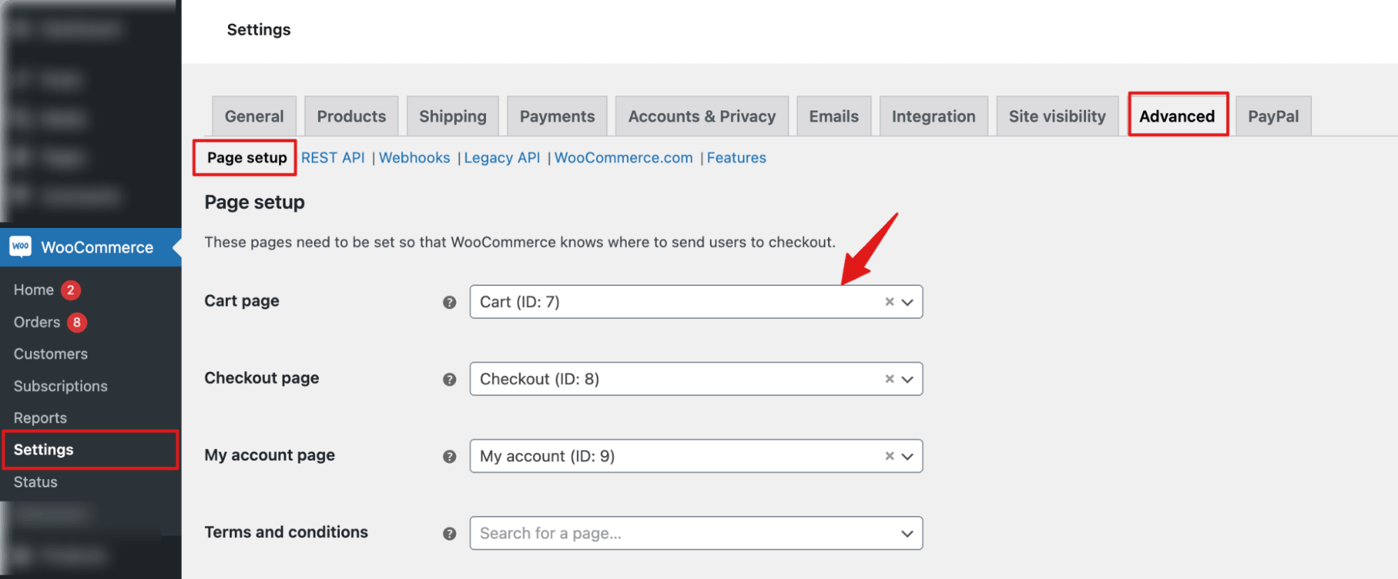 set cart page under page set up