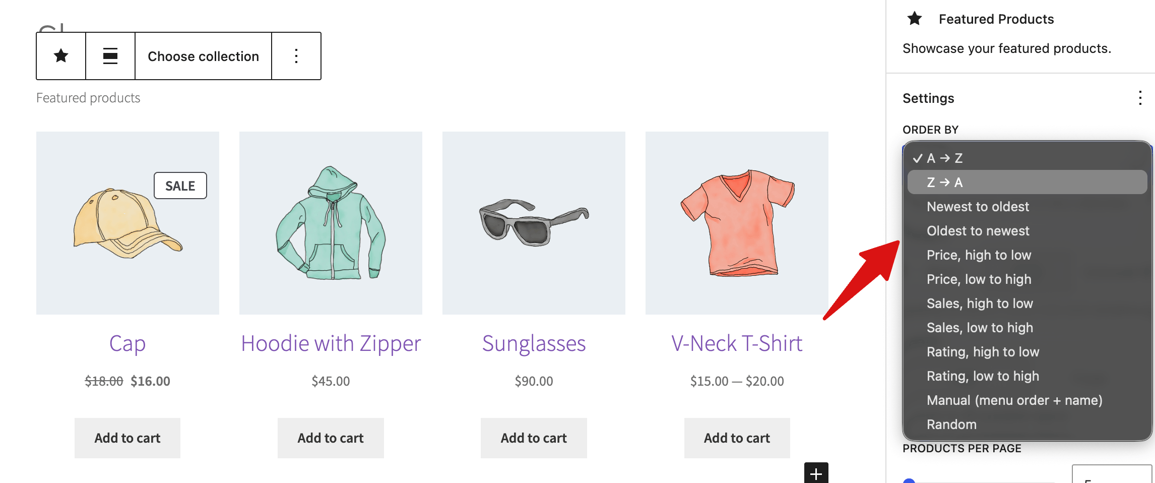 set order of features product