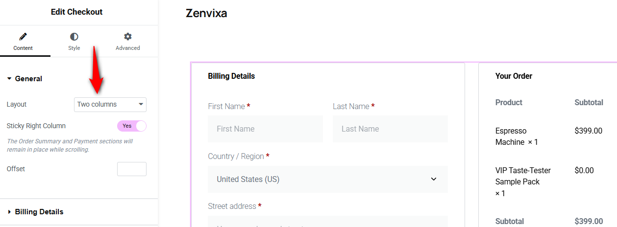 Use two columns with the sticky right column on, so the order total stays visible while shoppers type their address.