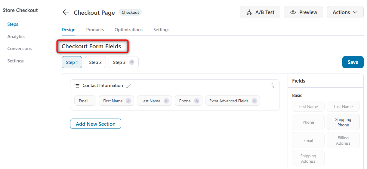 scroll down to the checkout form fields section
