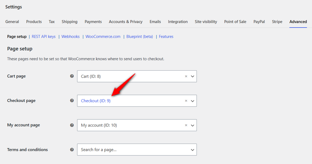 Confirm the assignment under WooCommerce ⇨ Settings ⇨ Advanced ⇨ Page setup and set it up next to Checkout page.