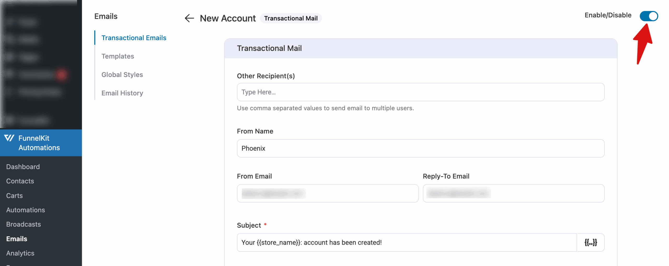 Activate the custom new account email