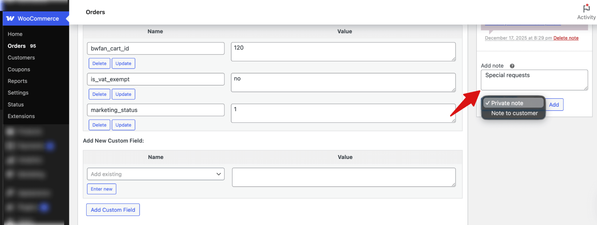 Add order note for admin and customer