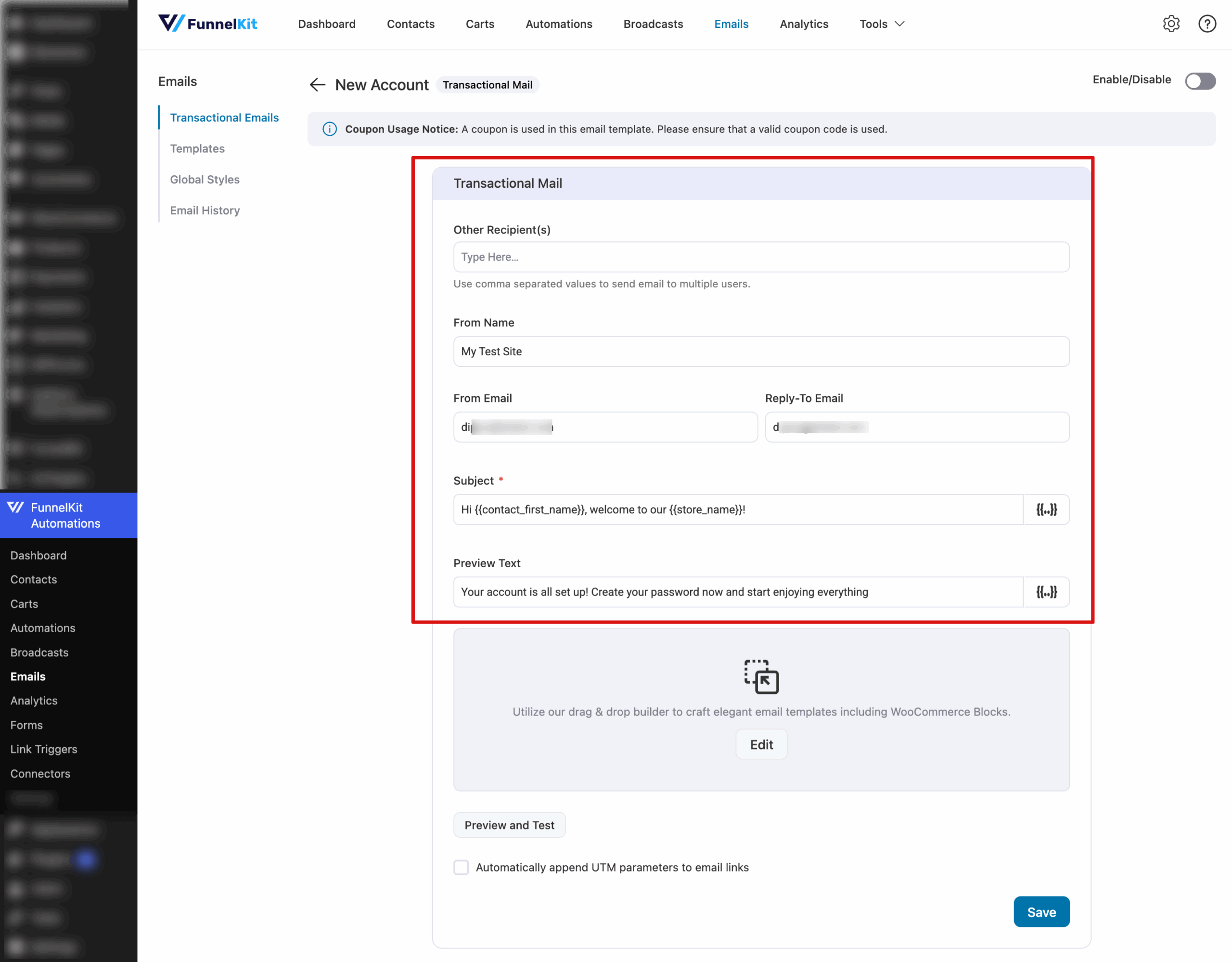 Configure WooCommerce new account email header fields
