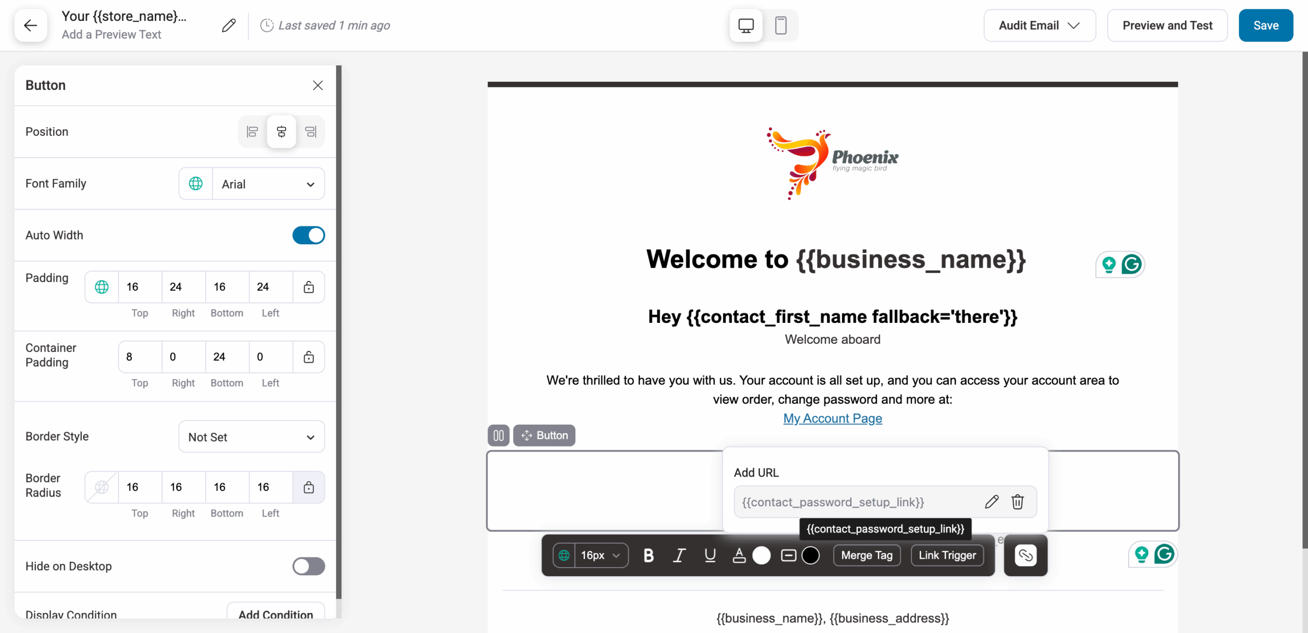 The email provides essential account information, including access to the My Account page and a CTA to set a new password using the merge tag {{contact_password_setup_link}}.