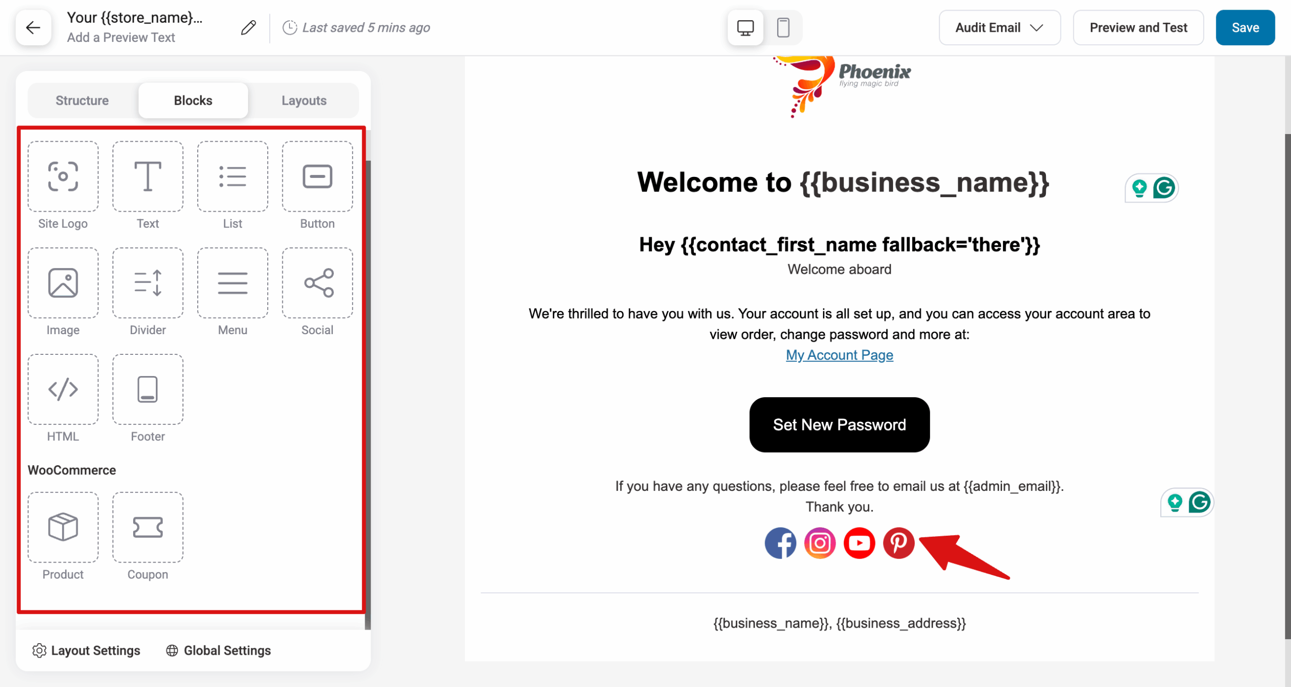 If you want, you can add more information here using different blocks like image, social, menu, product, coupon, etc. All you need to do is drag and drop, and then configure. Here, we added the social icon.