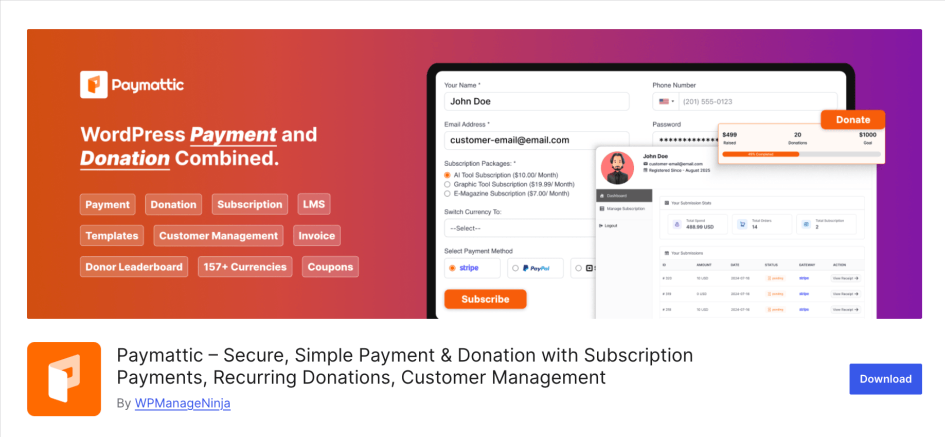 Paymattic – Secure, Simple Payment & Donation with Subscription Payments, Recurring Donations, Customer Management