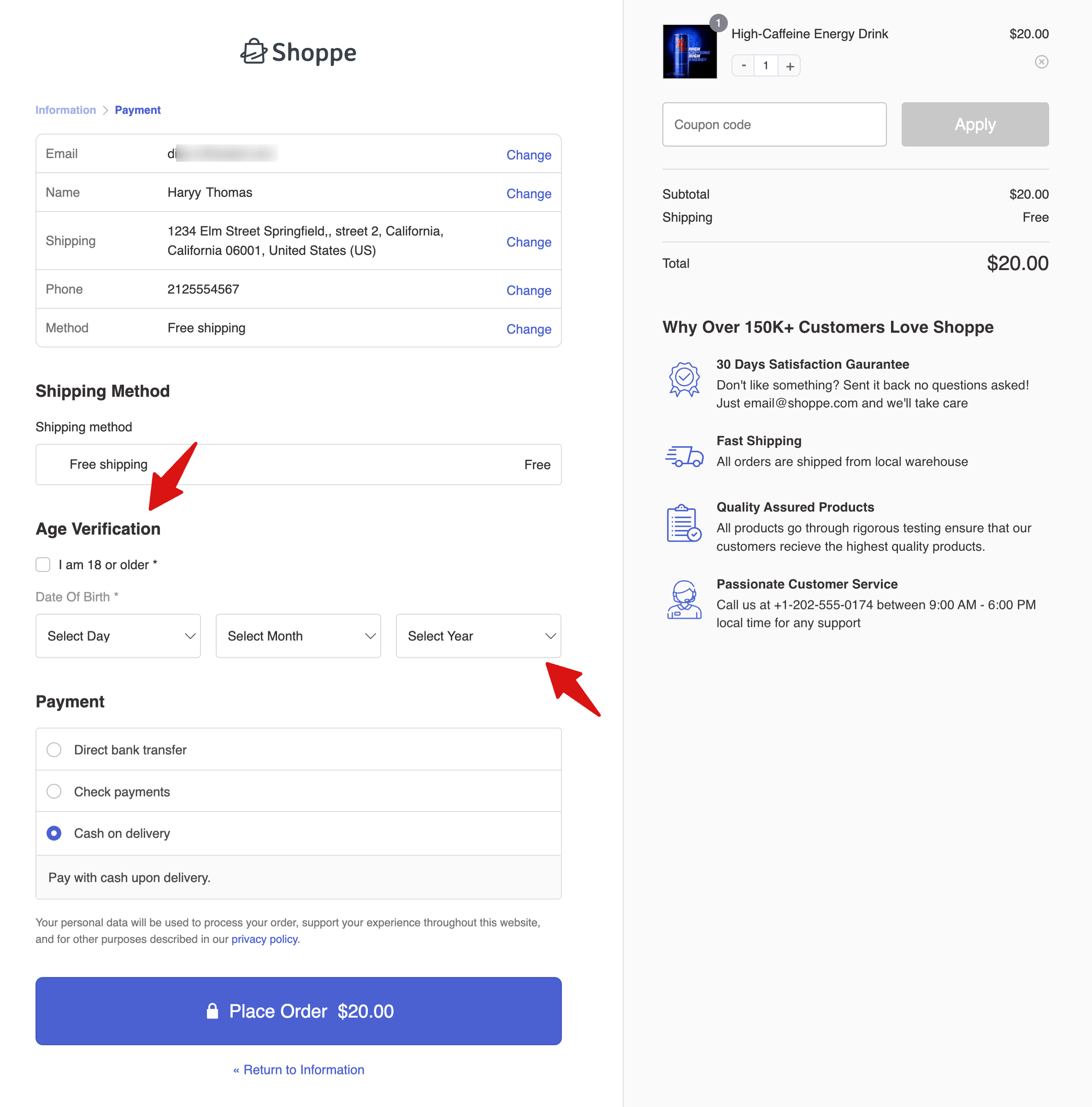 The checkbox should be unchecked by default and the dob field unset, requiring customers to confirm they are old enough before completing their purchase.