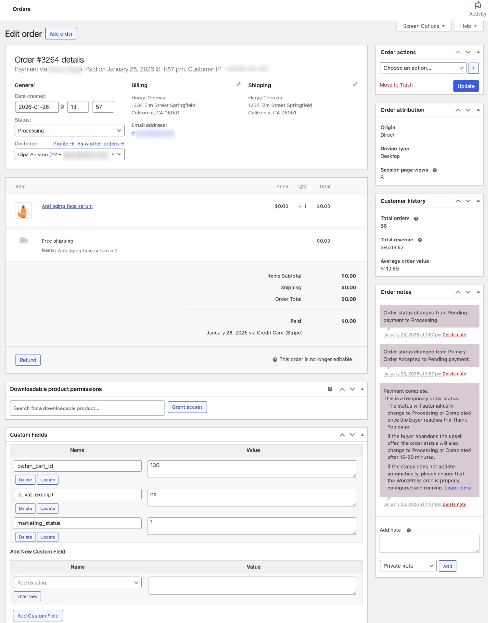 WooCommerce order page
