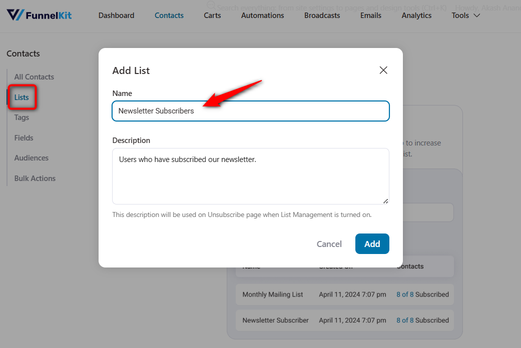 Create a new list that will have users who have subscribed newsletter in woocommerce