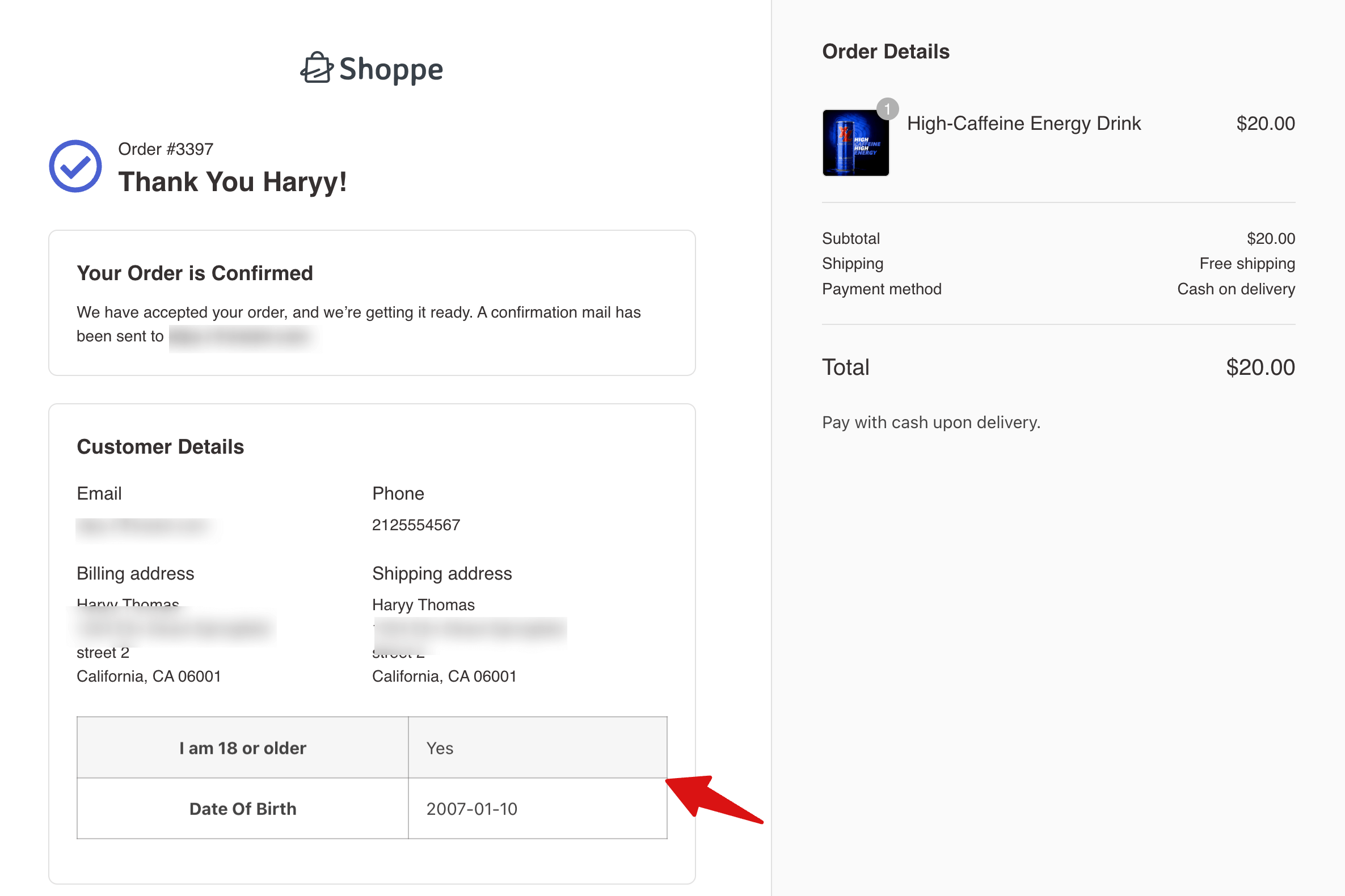 age verification confirmation on a thank you page