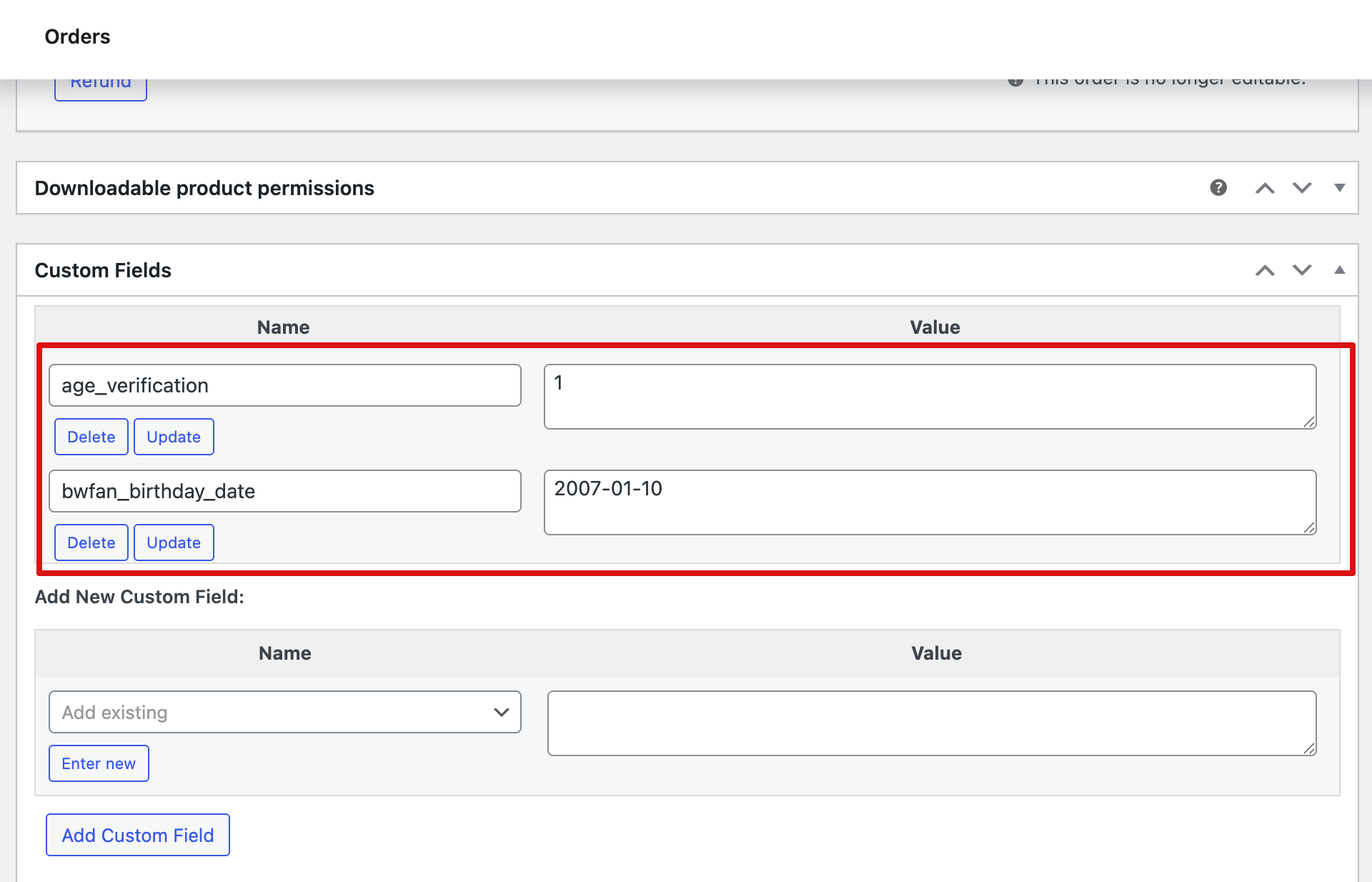age verification data on WooCommerce order page