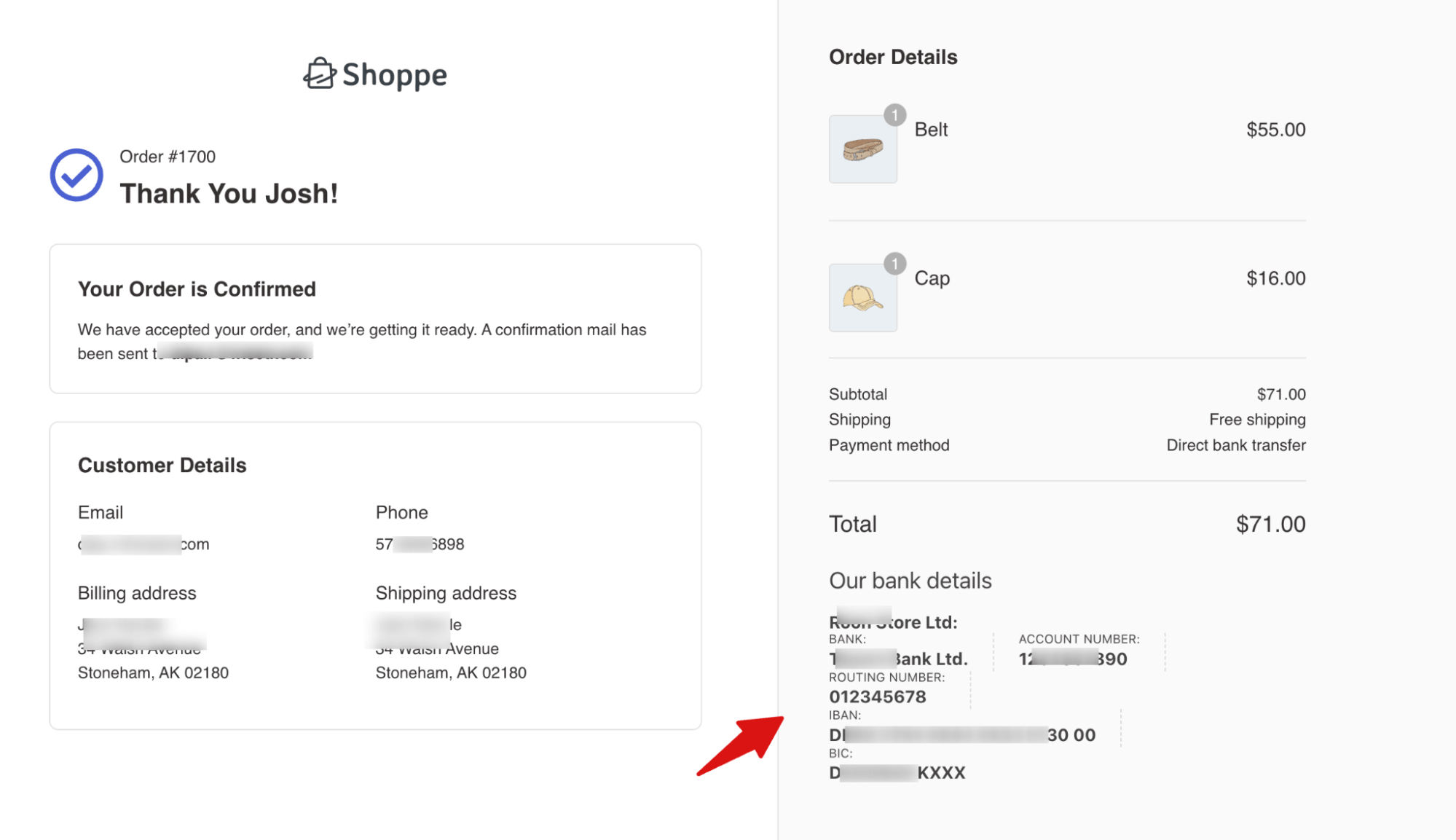 bank transfer details on the thank you page