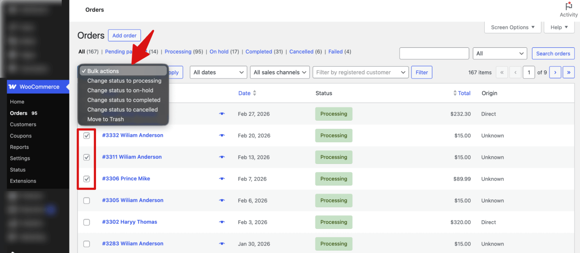 bulk actions for WooCommerce orders