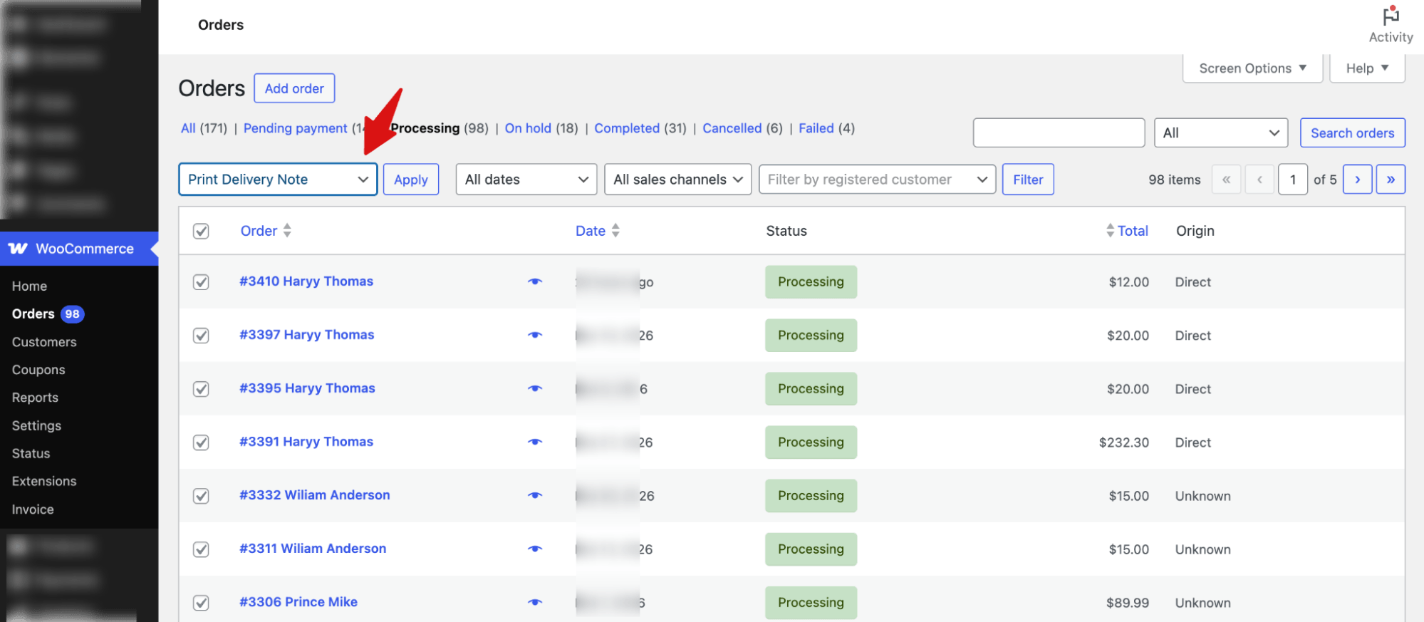 bulk print WooCommerce delivery note