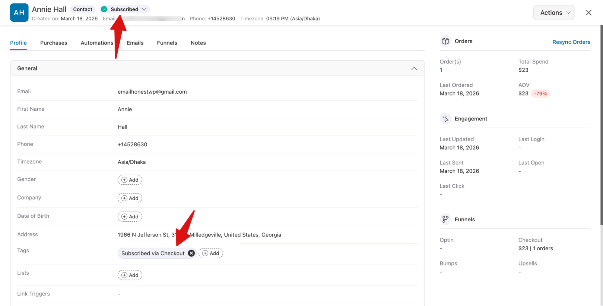 check contact status after newsletter optin at WooCommerce checkout