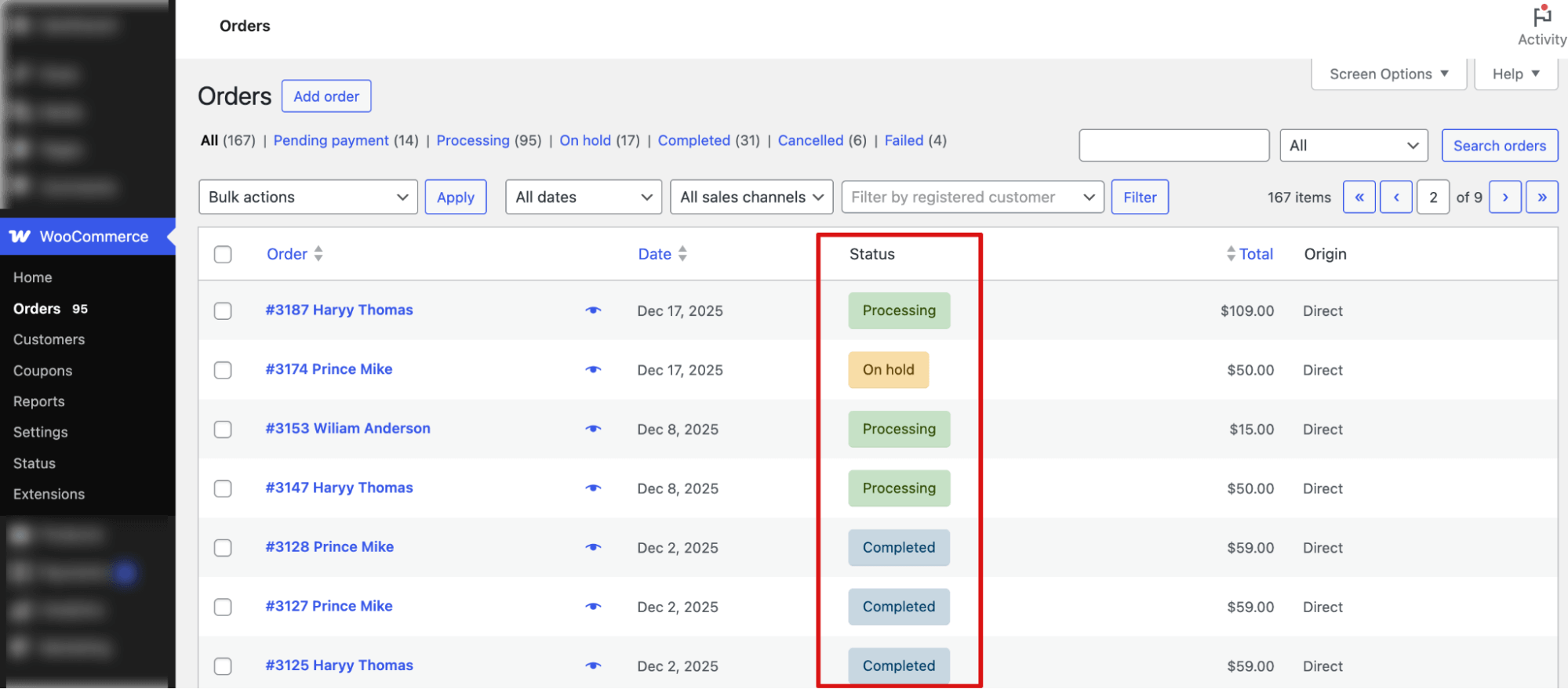 check order statues for orders