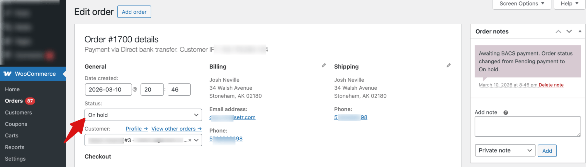 check order status after order with WooCommerce Offline Payments
