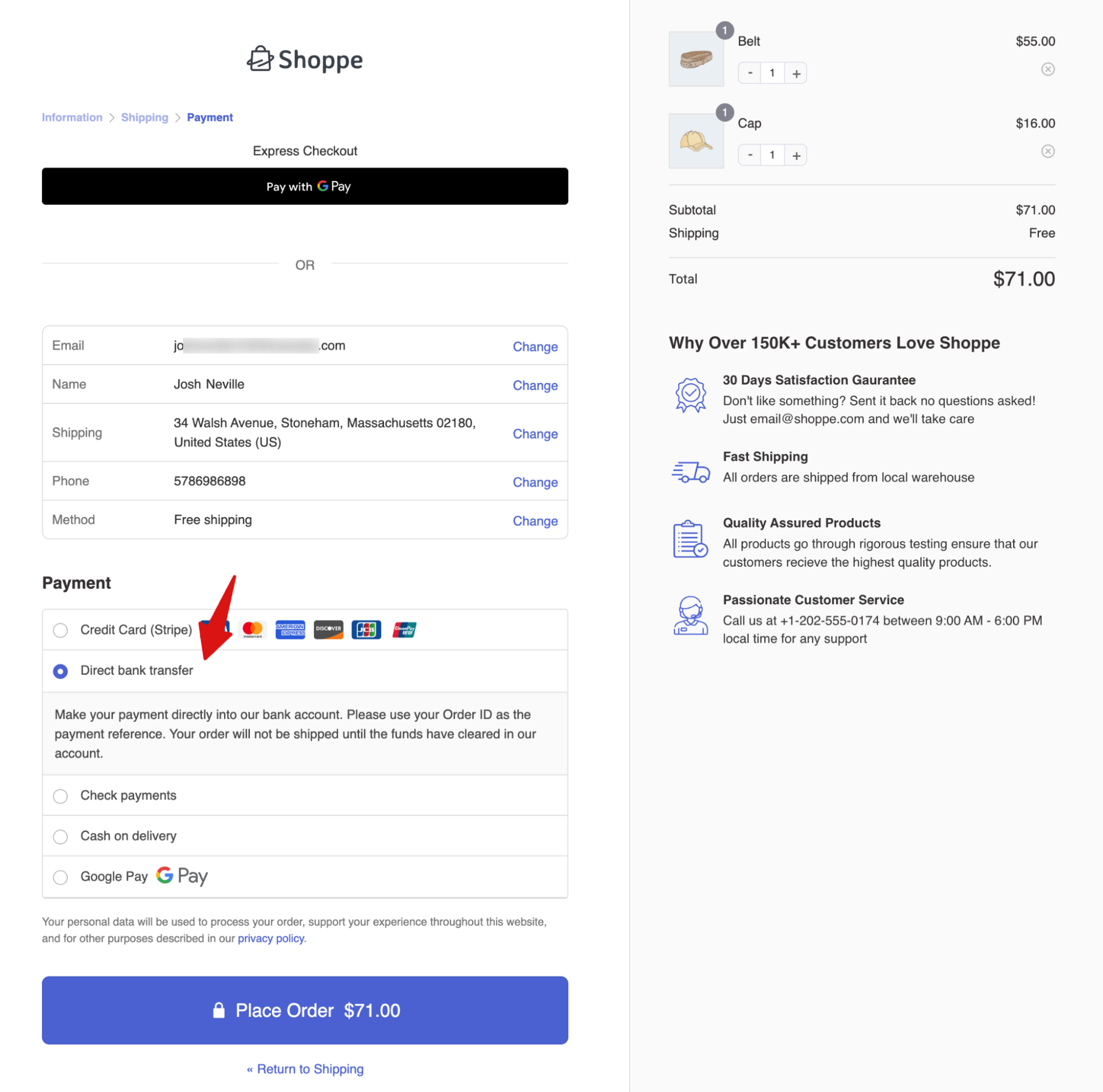 choose direct bank transfer and place a test order