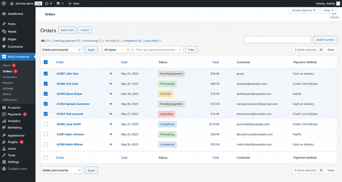 Clean up your woocommerce test orders