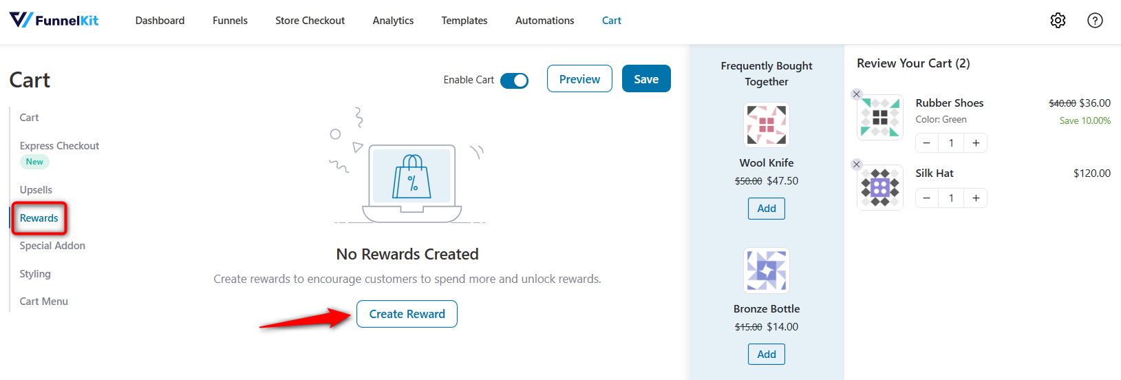 go to the rewards tab and click on the create reward button to set up woocommerce dynamic pricing based on cart value