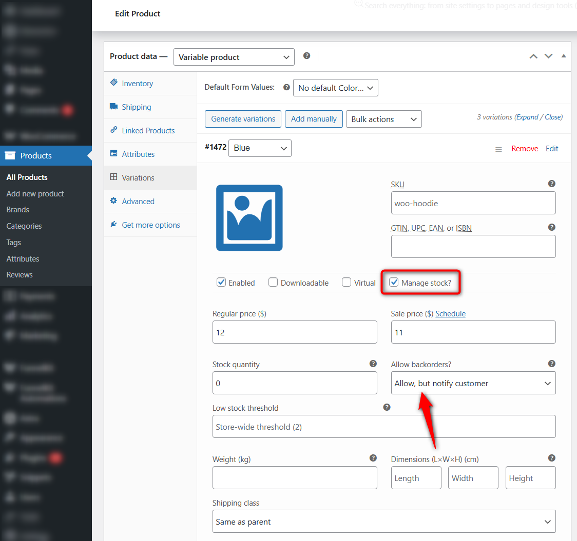 Configure woocommerce backorder settings for variable products