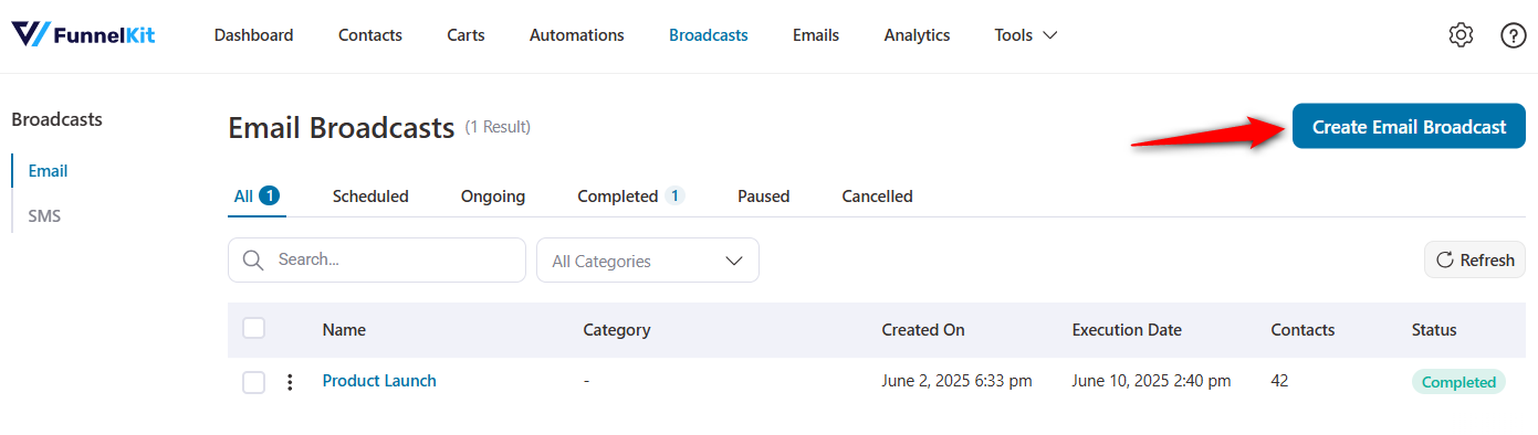 click on the create email broadcast button