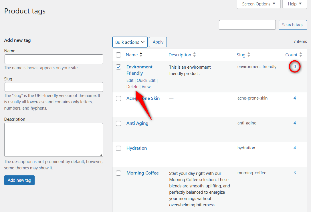 Deleting woocommerce tags