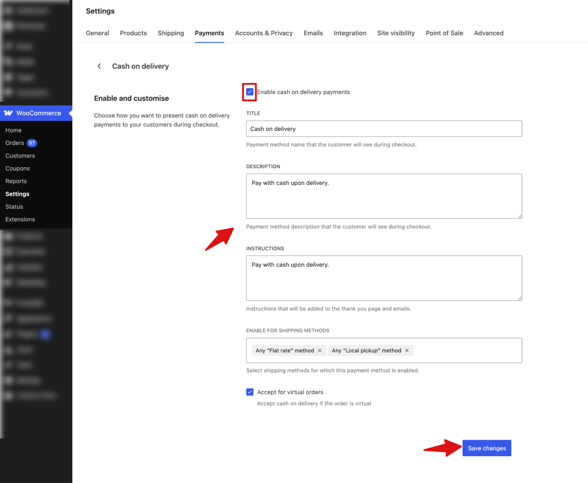 enable and configure cash on delivery WooCommerce Offline Payments