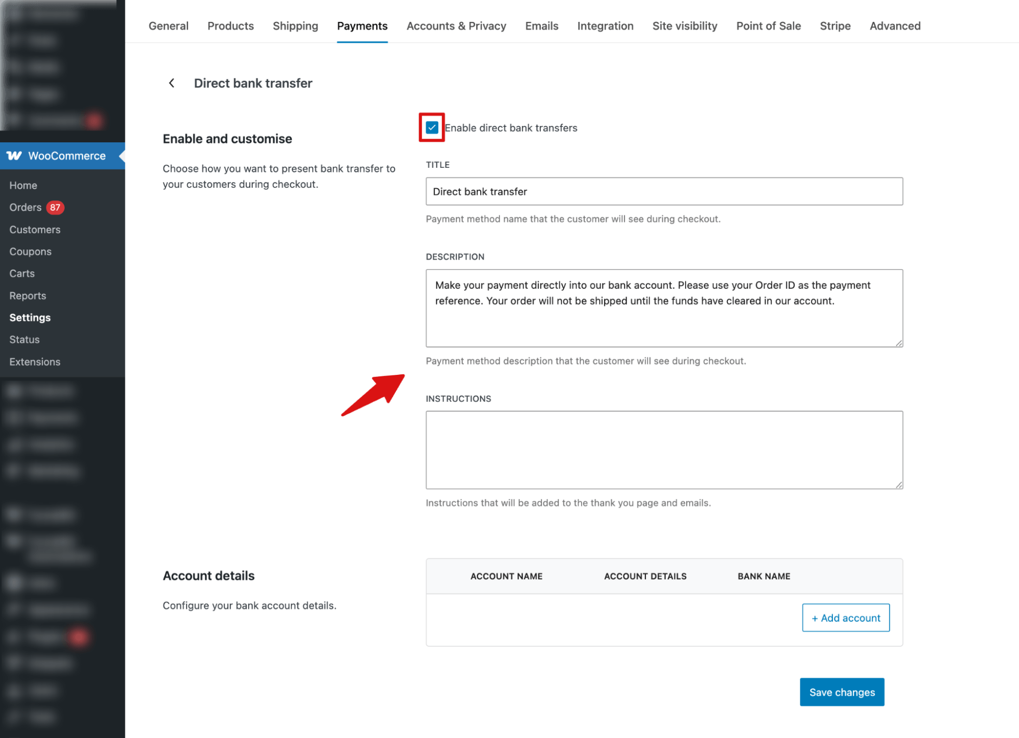 enable and configure direct bank transfer WooCommerce Offline Payments