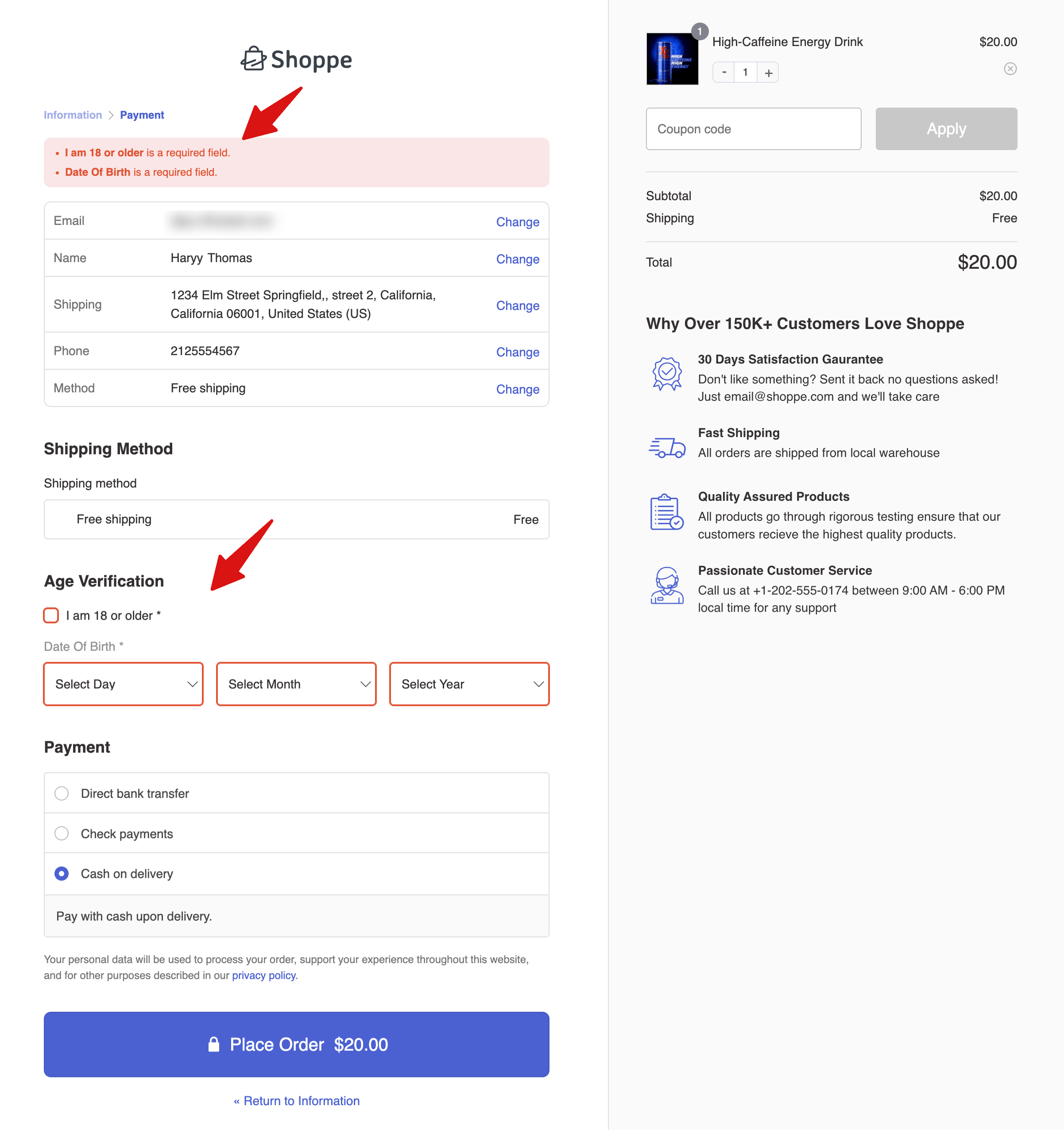 The checkbox should be unchecked by default and the dob field unset, requiring customers to confirm they are old enough before completing their purchase