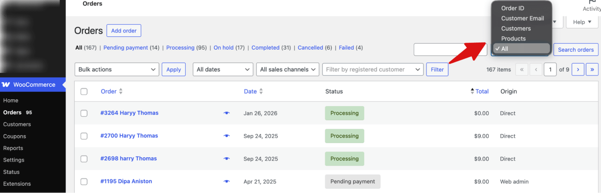 filter products by order id, customer email, customers and products