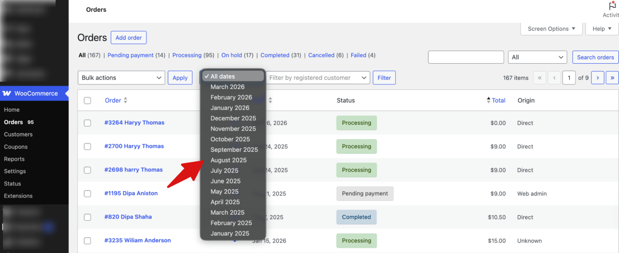 filter woocommerce order by dates