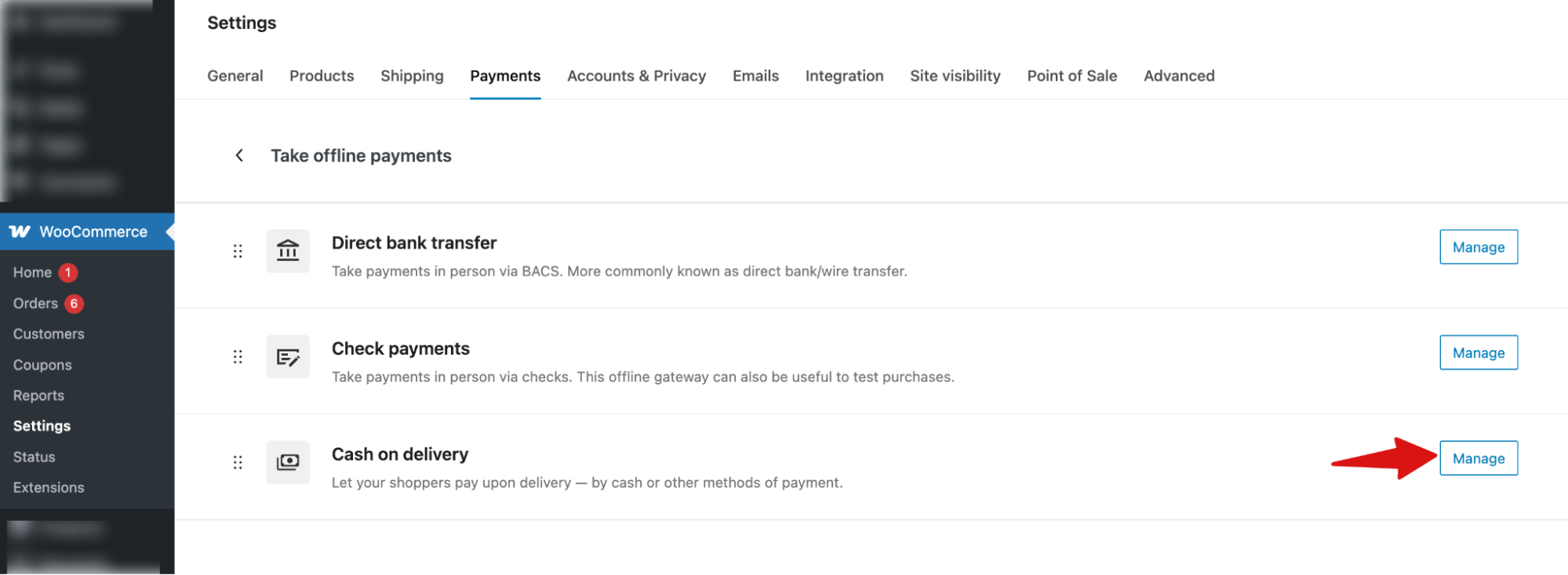 hit manage next to cash on delivery