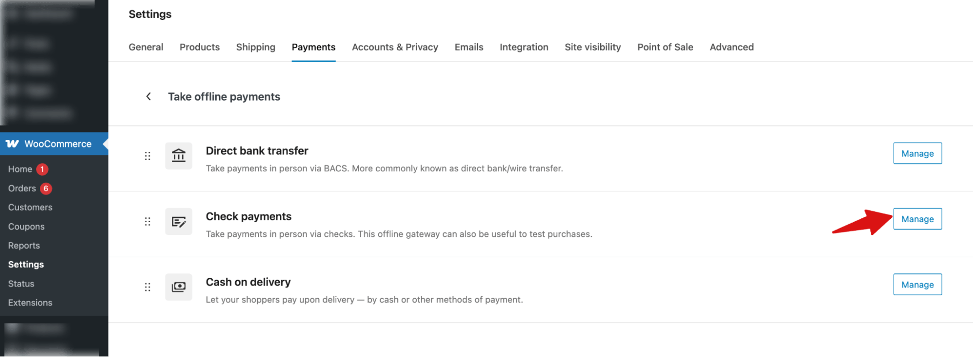 hit manage next to check payments to set up WooCommerce Offline Payments