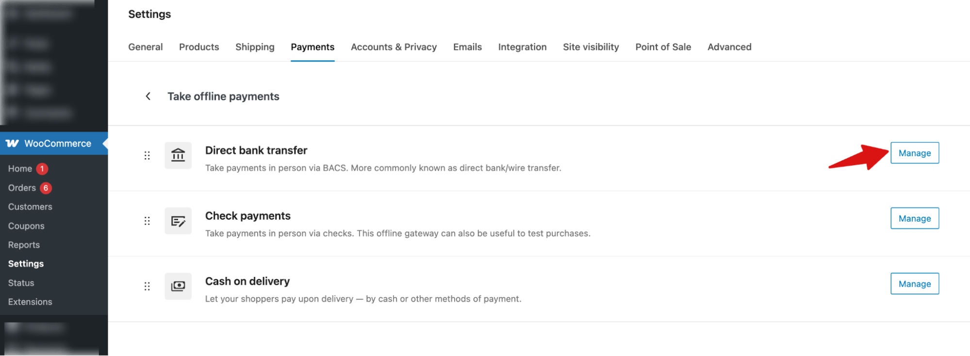 hit manage next to direct bank transfer to set up WooCommerce Offline Payments