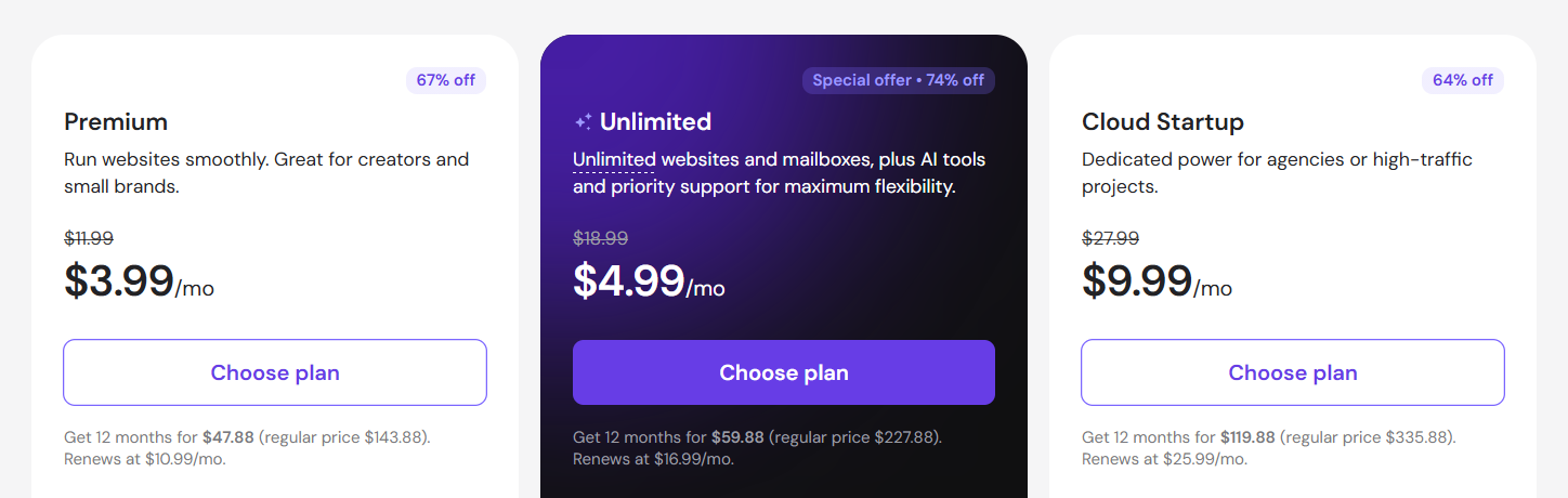 Hostinger hosting pricing plans