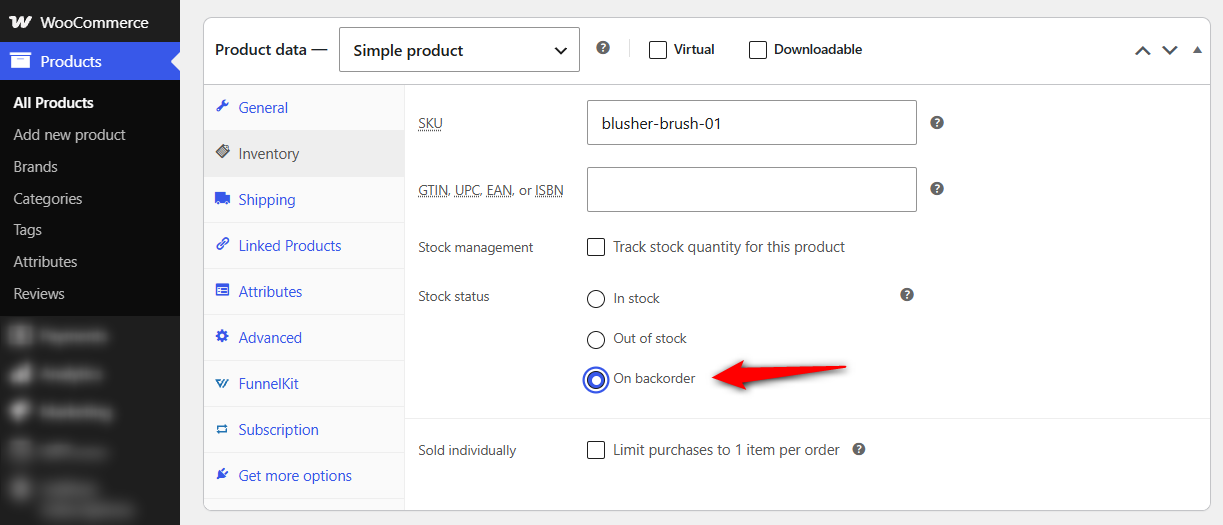 Set the stock status to "On backorder" in woocommerce without managing any inventory
