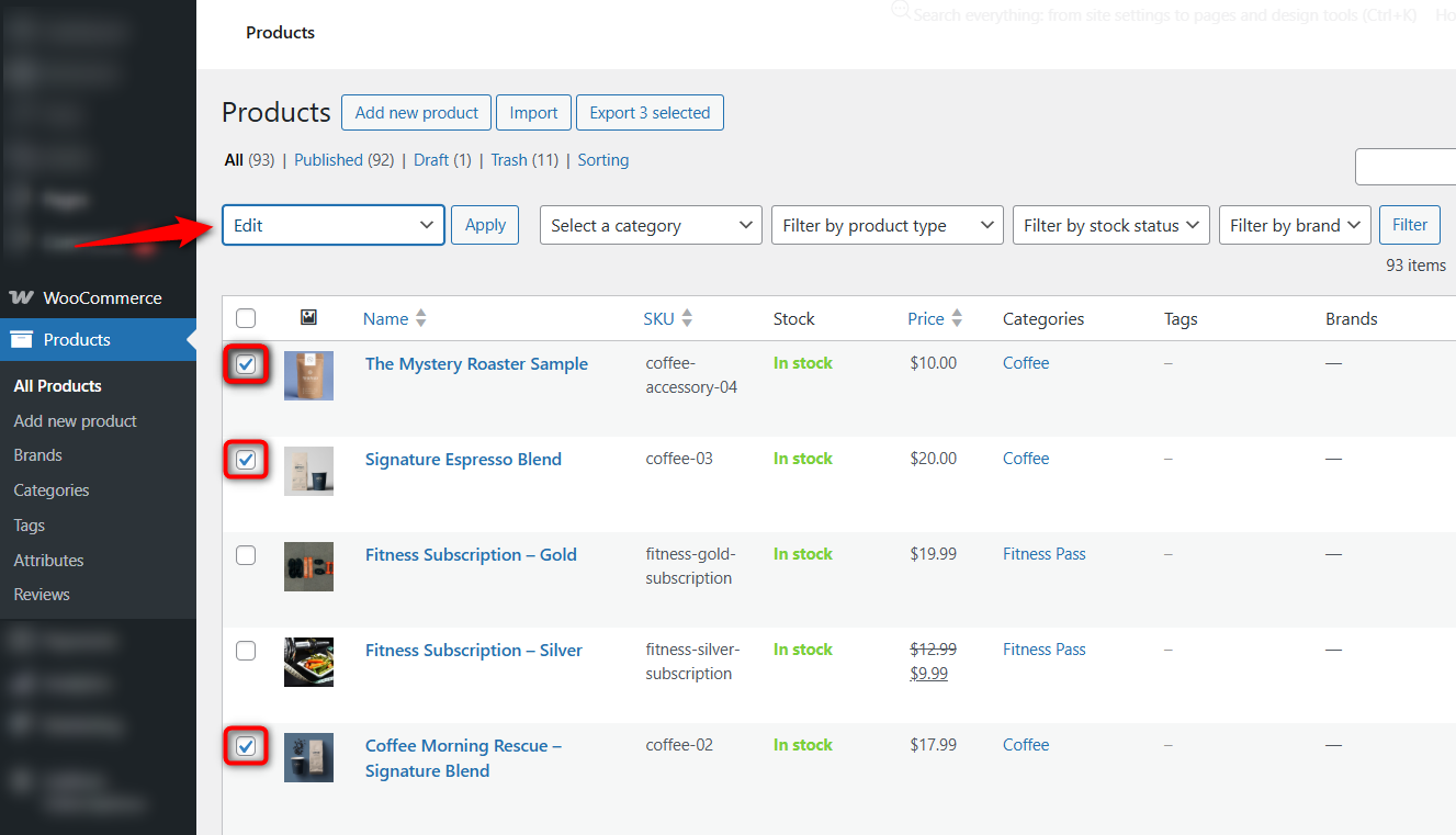 multi-select products and click on bulk edit