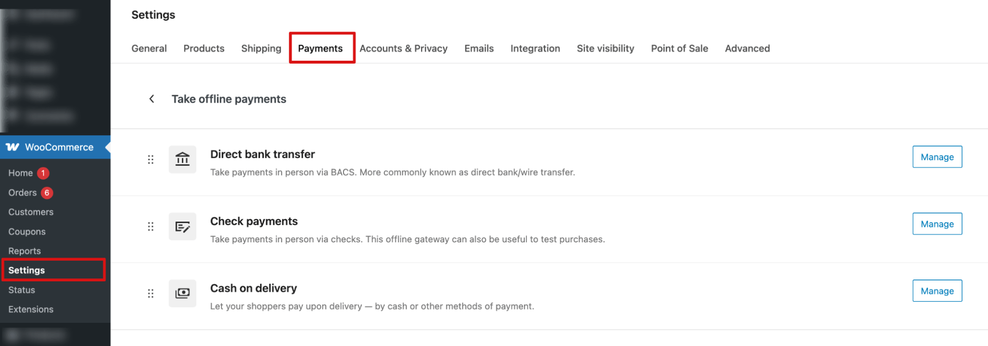 navigate to WooCommerce Offline Payments