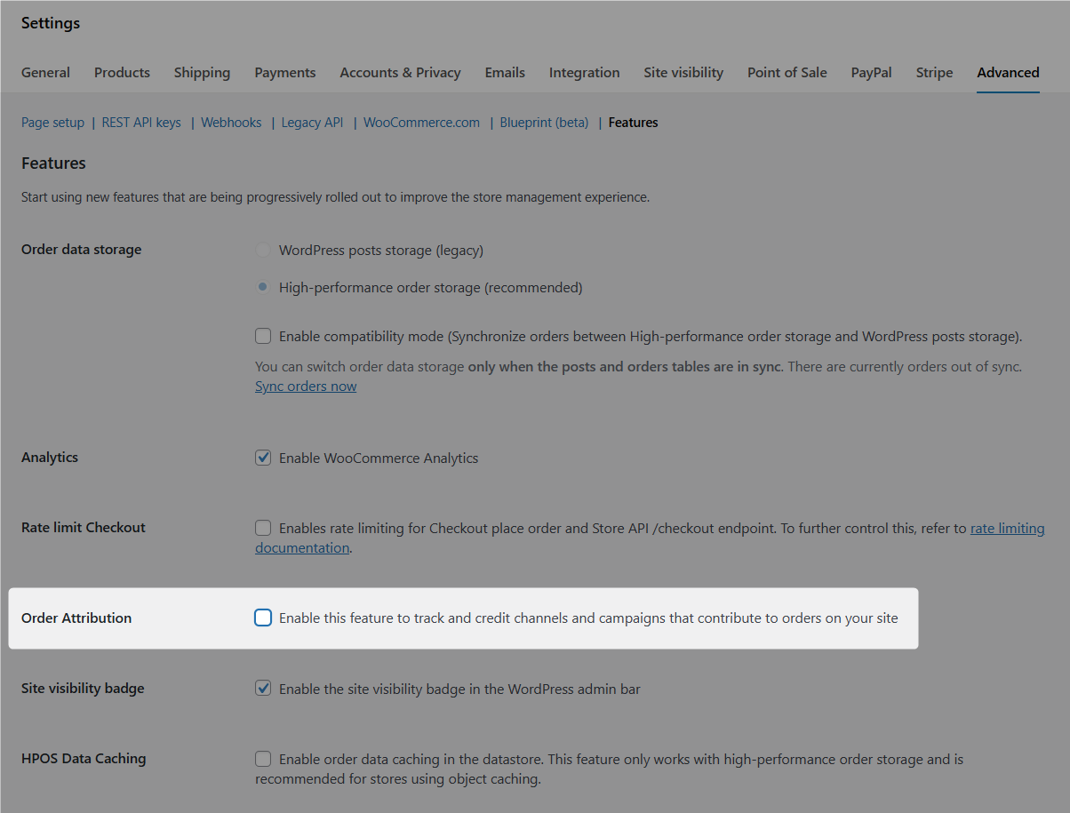 disable the order attribution settings in woocommerce