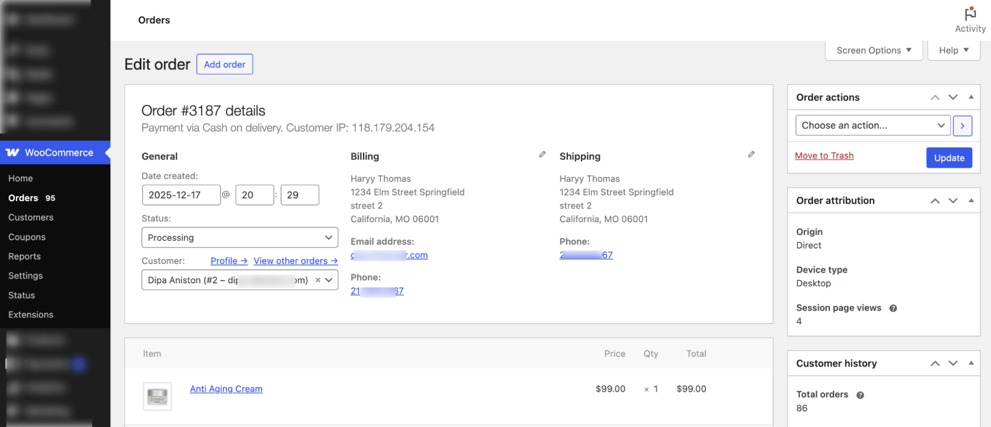 order detail page in WooCommerce