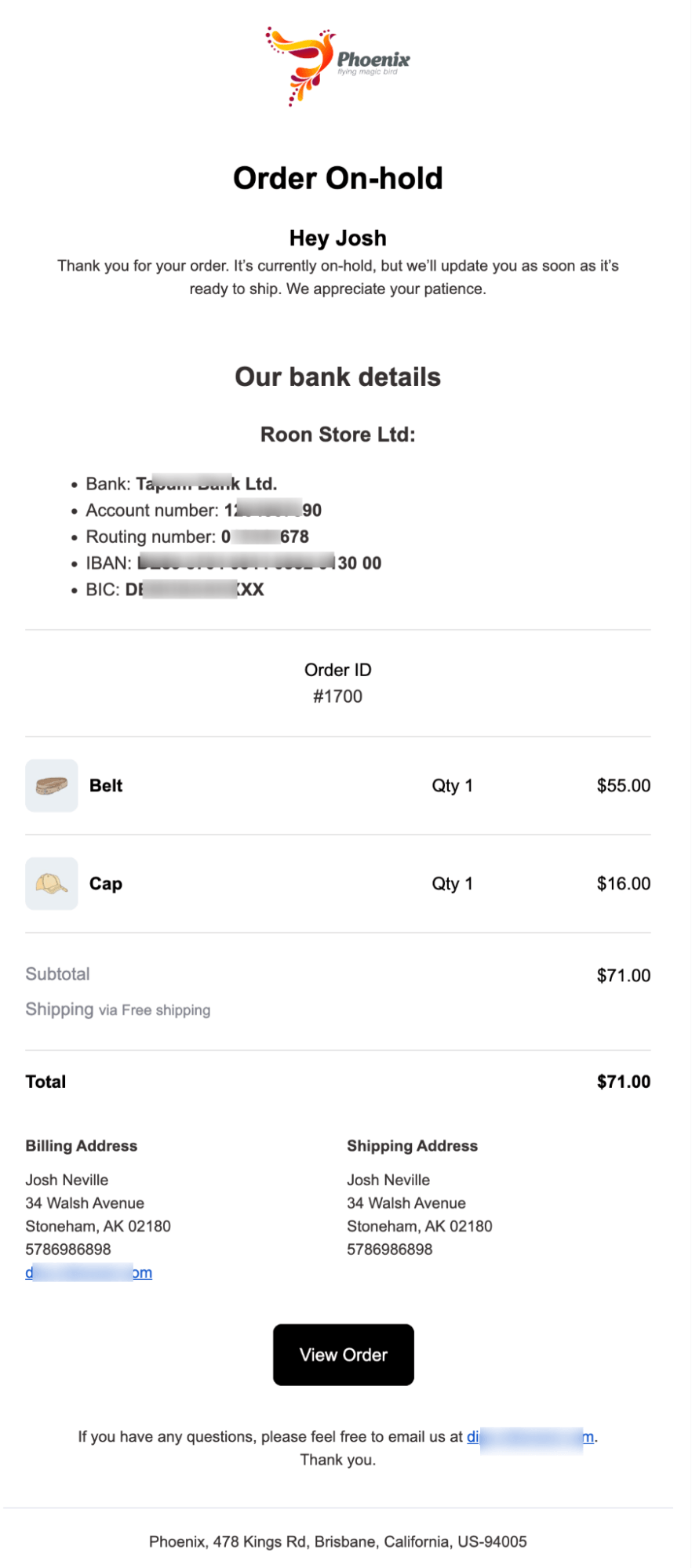 order on hold custom email