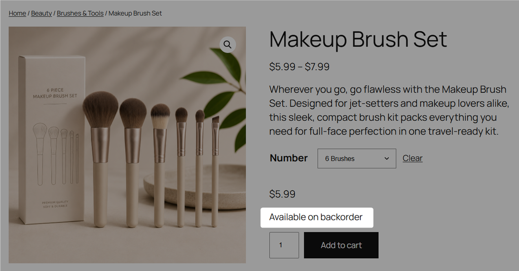 Open the product on the frontend of your store. With the notify option on, “Available on backorder” should sit right next to Add to Cart on the product.