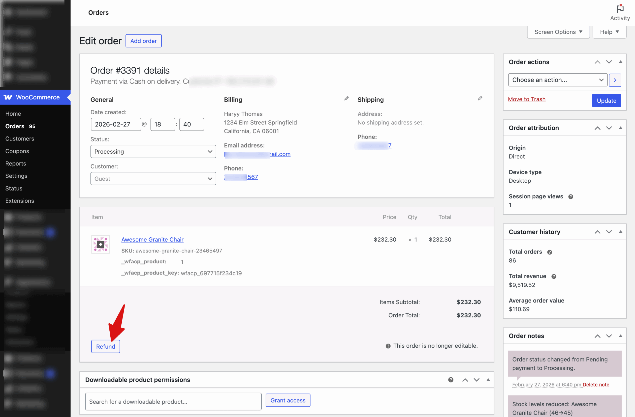 refund woocommerce order
