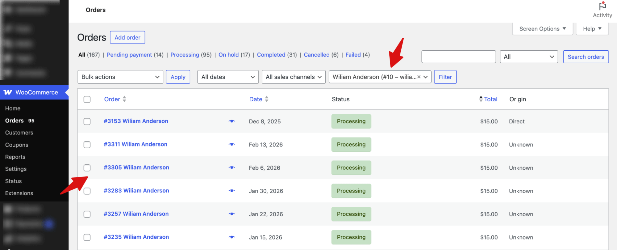 search orders by customers in WooCommerce