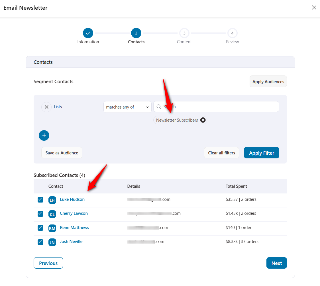 segment contacts to send woocommerce newsletter email broadcast to them