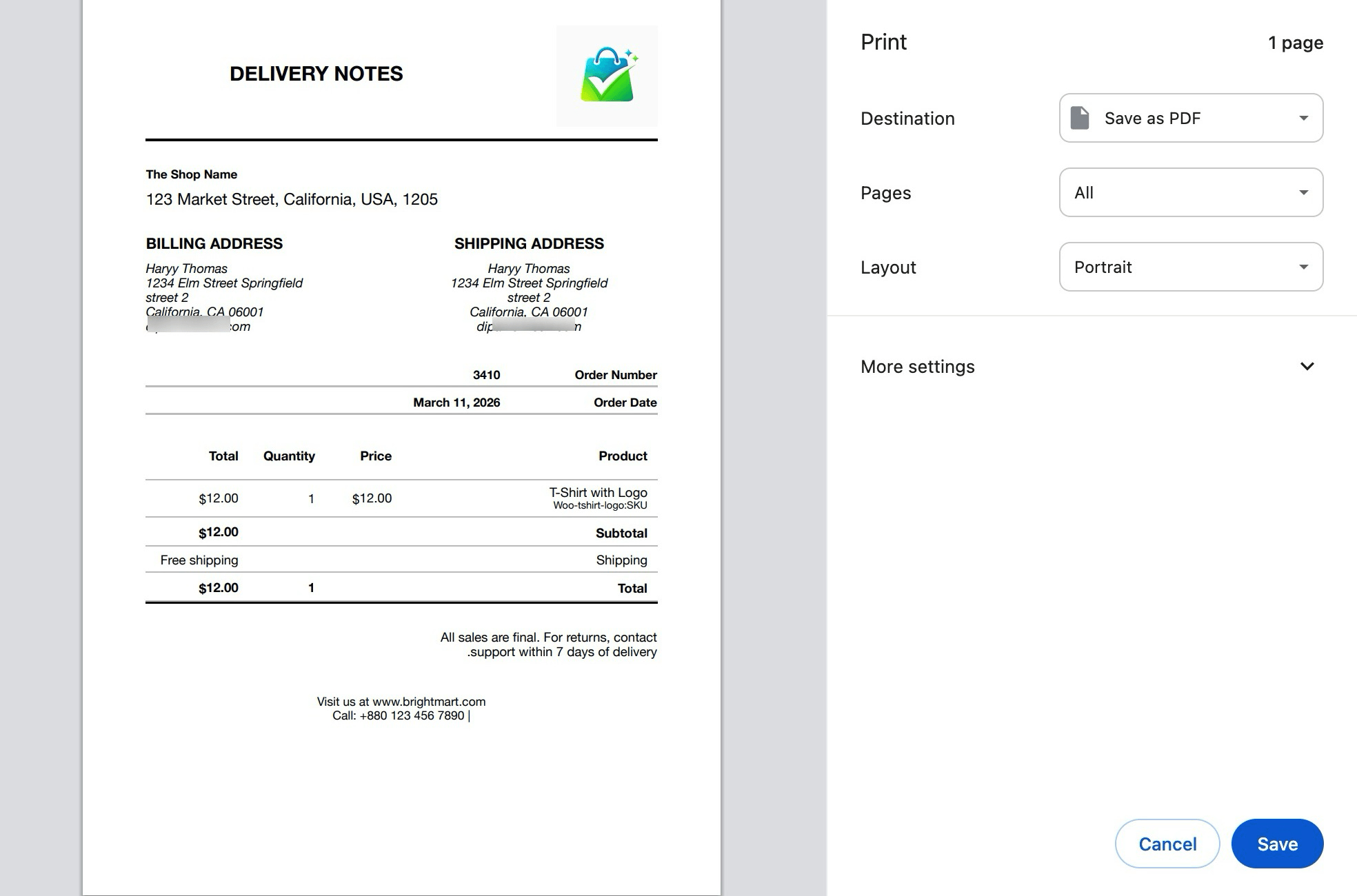select destination and layout for WooCommerce delivery note single order