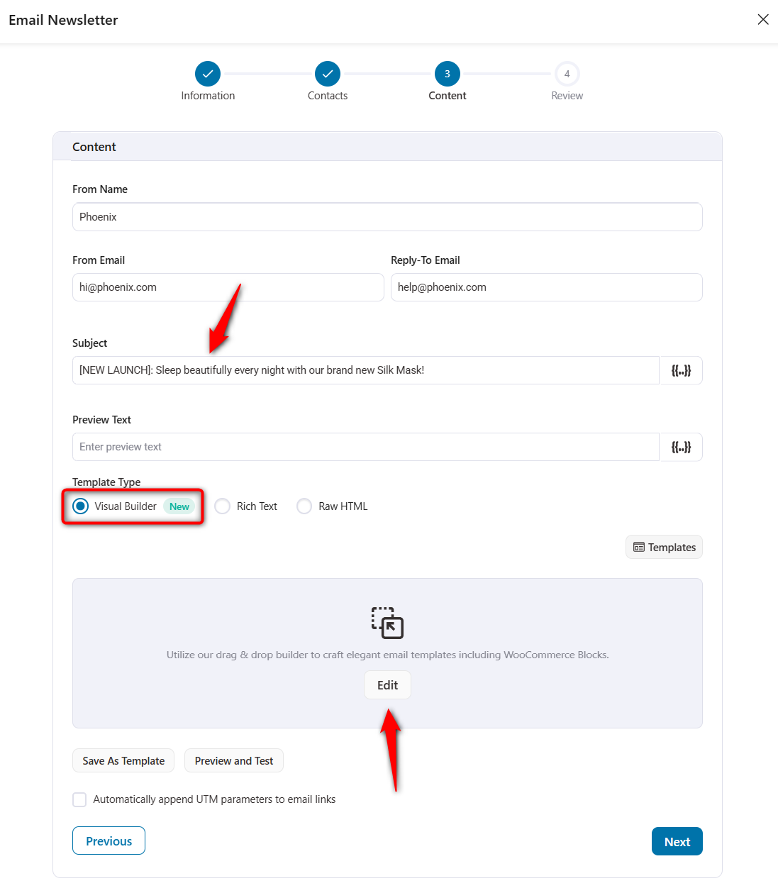 enter your subject line, preview text and select visual builder to design your email newsletter with drag-and-drop content blocks