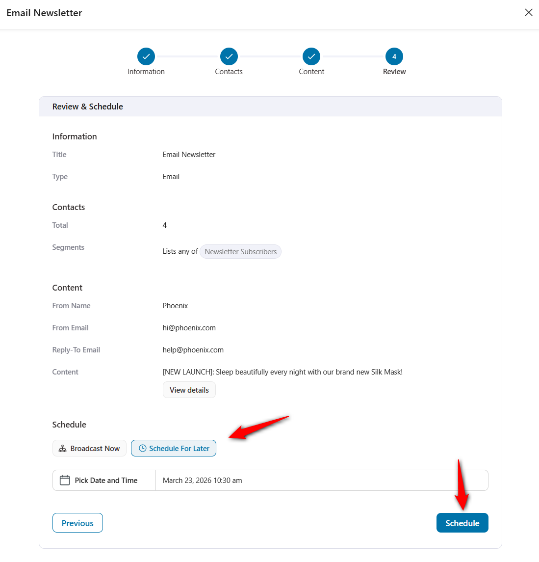 Send now or schedule your woocommerce newsletter email broadcast to your customers